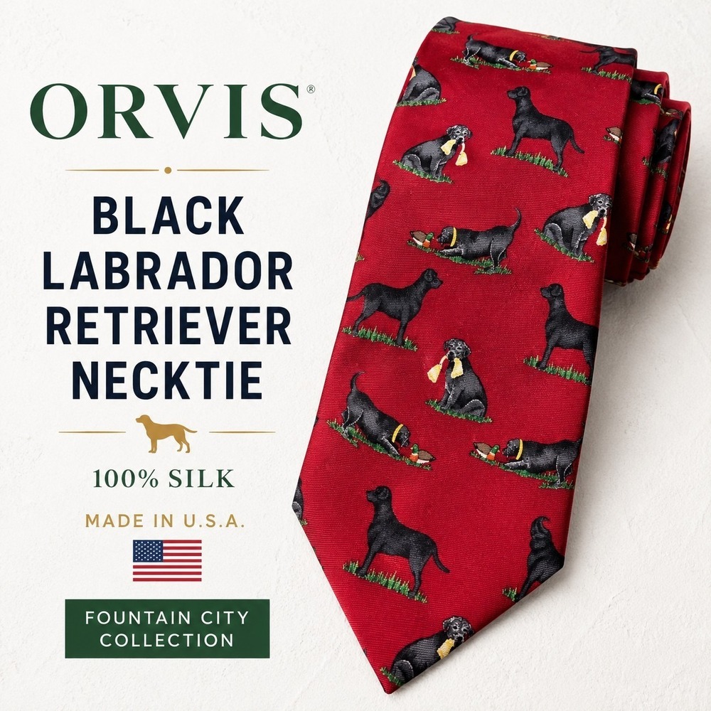 Orvis Black Labrador Retriever Silk Necktie Red Hunting Dog Duck USA Made